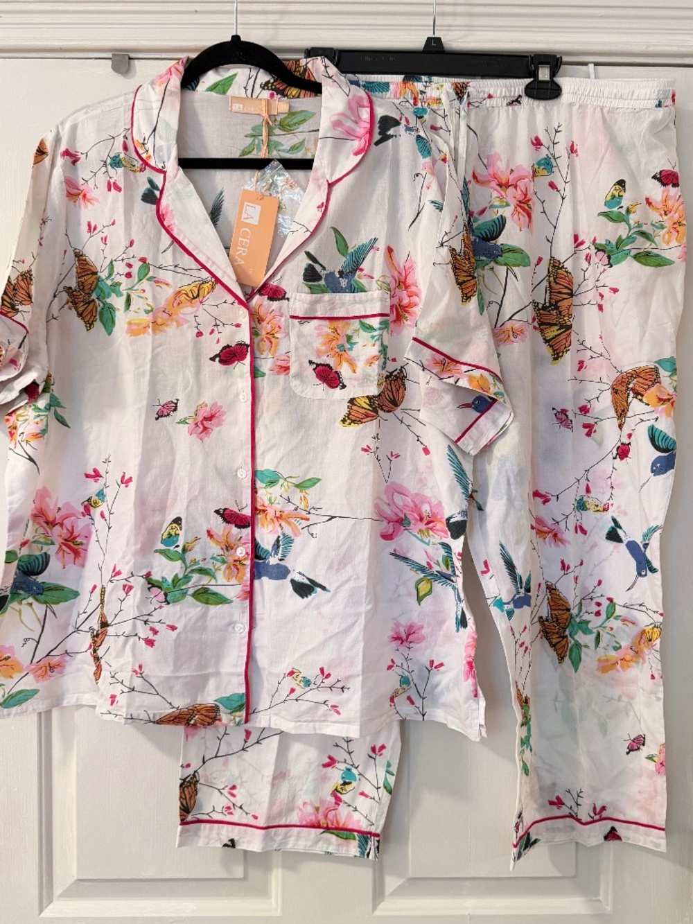 NWT La Cera Pajama Set Women's 2XL 100% Cotton Bird Butterfly Floral White Sleep